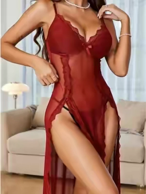 Women lace mesh nightgown, backless high split sleeveless lingerie sleep dress #dailywear #sleepwear #nightgown #lacedress #falldealsforyou 
