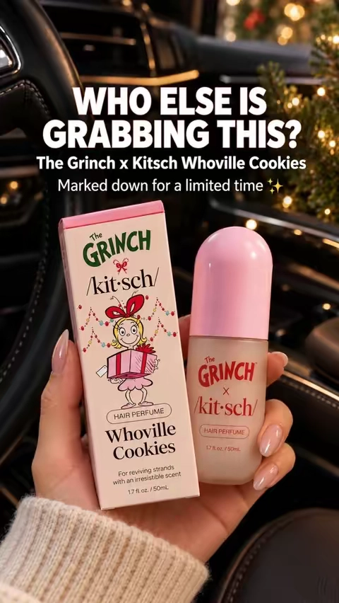 The Grinch x Kitsch Whoville Cookies Hair Perfume smells like buttercream, caramel, fresh-baked cookies, vanilla, and brown sugar 🍪🎀 This limited-edition scent is marked down right now—grab it below while it’s available! #Kitsch #WhovilleCookies #TheGrinchxKitsch #HairPerfume #HolidayBeauty 