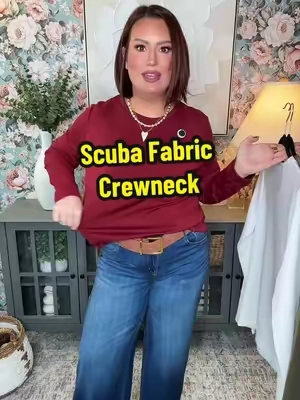 A scuba fabric crewneck that is SO incredibly stretchy!! 😍 These work so well by themselves, but layering comes to mind here!! @anrabess.style #crewneck #longsleeve #layering #anrabess #ttsacl 