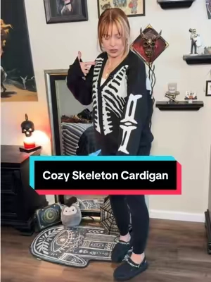My favorite spooky season fit! #spookyseason #skeletonsweater #halloweenfashion #halloweencardigan #halloweensweater 