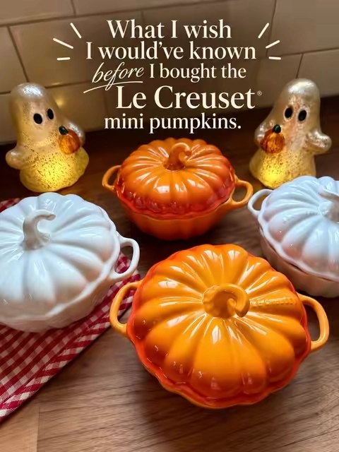 Which color is your favorite?! This is the cutest set of Le Creuset fall cocottes!! Perfect for baking, soup season, or serving on a charcuterie board 🧀🎃🍁🍂.  #lecreuset #pumpkins #cocotte  #qvcloyaltyprogram 