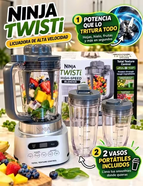 NINJA TWISTi – LICUADORA DE ALTA VELOCIDAD ✨ Prepara smoothies, bebidas congeladas, sopas, untables y mucho más. 💪 Potente sistema de licuado + Total Texture Control para conseguir la textura que buscas. 🥤 Incluye vasos portátiles con tapa, perfectos para llevar tus bebidas contigo. 🍓 Ideal para frutas, hielo, hojas verdes y otros ingredientes. 🔥 Y lo mejor: puedes conseguirla a un precio increíble aquí. 🛒 Haz clic en el botón de compra y aprovecha la oferta disponible. #NinjaTwisti #NinjaBlender #TikTokShop #Licuadora #Smoothies  