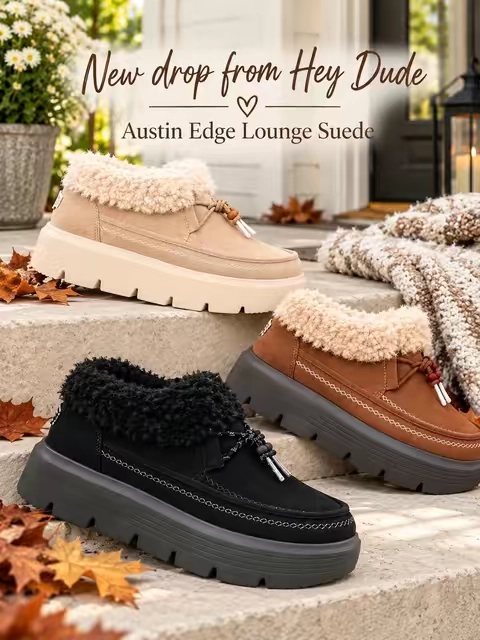 New drop from Hey Dude! The Austin Edge Lounge Suede has that fluffy lining and chunky sole I love for fall. Which color are you picking 🤎🖤 @HeyDude  #fallboots #heydudeshoes 