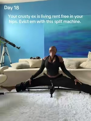 Day 18 of my split challenge: evicting my crusty ex from my hips 😂 If you keep saving split tutorials, try a consistent stretch with the adjustable split trainer I’m using. Tap the cart for this exact split machine. #SplitMachine #SplitChallenge #HipFlexibility #FlexibilityTraining #StretchingRoutine