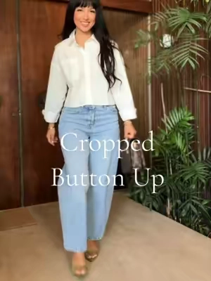Top, Jewelry & Heels linked above in orange cart 🛒 | 5’2” | 122 lbs | Small #croppedbuttondown #fallfashionfinds #fashionover40 #easyoutfits #affordablefashion