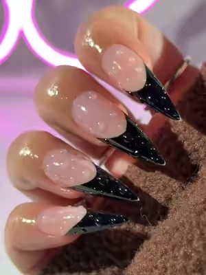 XL sharp stiletto french press on nails from @NOVO OVO 🎀🐈‍⬛ lots of nail tips for lots of sets, durable and ridiculously affordable 💅🏼✨  #stilettonails #pressonnailswithgel #nailinspo2026 #blackfrenchtipnails #nailsathome 