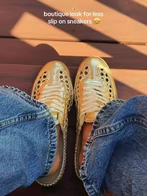 perf for everyday wear 💛 #boutiquelookforless #fallfootwear #sliponsneakers #goldsneakers #designerlooksforless 
