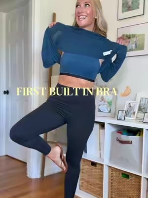 BUILT IN BRA + COVERS THE 🍑 @Halara_official in a size small (140, 5'6", 34B) check for coupons in the link! 👀 #halara #halaralistens  #offshouldertop #activewear #builtinbra 