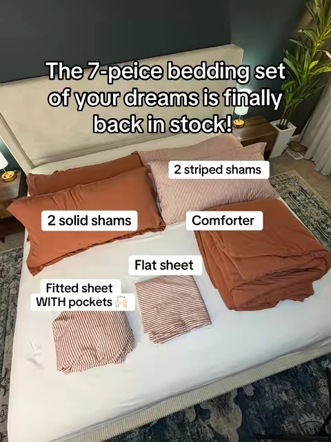 If you’ve been waiting on the restock of this 7-piece comforter set it’s BACK but you better hurry!! 4 shams, fitted sheet, fluffy comforter AND a flat sheet with pockets for this price is CRAZY! #comforterset #beddingset #sheetset #bedroominspo #tiktokshopfalldealsforyou 