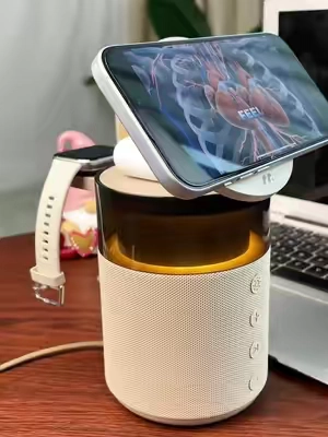 This is a feature-packed wireless charging station that combines a Bluetooth speaker, night light, and many other practical functions! #chargingstation #TikTokshopbacktoschool #wirelesscharger #bluetoothspeaker #desksetup