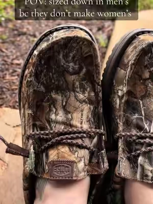 The men’s Realtree HEYDUDEs were too good to pass up… so I just sized down and made them women’s. 😂🌲 They don’t make this Realtree version in women’s, but honestly? Who cares. 😂 I sized down, they fit, they’re ridiculously comfortable, and the camo is SO good for fall. Consider this your permission to shop the men’s section. 🤌🏼 #HEYDUDE #Realtree #AuthenTik #TikTokShopStockUp #CamoShoes
