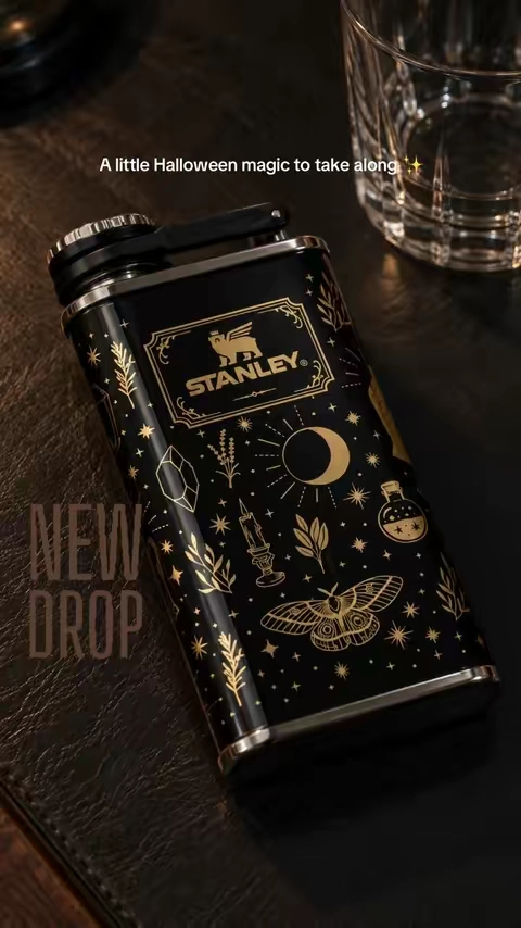 The cutest little Halloween find 🖤 Love the gold details, compact 8 oz size, and wide mouth for easy filling. #Stanley #HalloweenFinds #SpookySeason #HalloweenStyle #StanleyCup