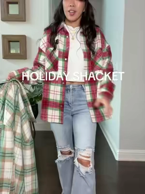 The cutest Christmas plaid flannel shacket! 🎄❤️ Cozy, festive, and perfect for layering! Wear it as a shirt or lightweight jacket for holiday shopping, Christmas gatherings, or everyday winter outfits. 🎁✨ #ChristmasShacket #HolidayOutfits #ChristmasFlannel #PlaidShacket #WinterFashion