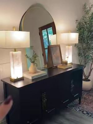 the kind of lamps that make any space feel expensive✨solid honed marble bases that illuminate separately and they have built-in USB USB-C charging ports on the sides, at almost 26 inches tall they are the perfect lamp for anywhere from your nightstands to entryway tables. Absolute 10/10⭐️ #lamps #tablelamp #entrywaydecor #nightstand #cozyhome 