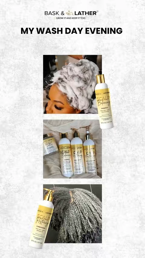 Wash Evening vs. Style Morning has NEVER looked better! 💛 Using our wash day essentials in the evening means waking up to hair that's refreshed, moisturized, and ready to style in the morning. ✨ Let us know which wash day and styling products you would love in your routine! #baskandlatherco #washday #stylingmyhair #hairtok
