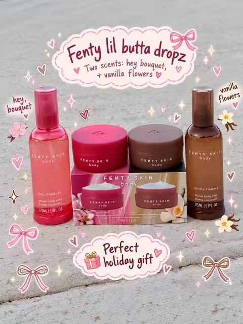 new mini butta drop body cream in scents: hey bouquet + vanilla flowers @Fenty Beauty @Fenty Skin #fentyskin #fentybuttadrop  #bodybutter #bodycream