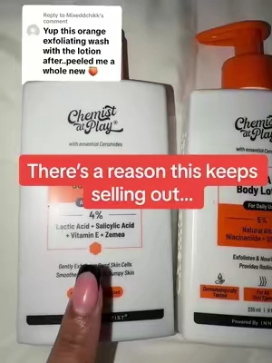 Replying to @Mixeddchikk YUP! Go in with the Orange first (smells so good) and then the orange lotion and thank us later! #exfoliatingbodywash #brighteningskincare #hyperpigmentation 