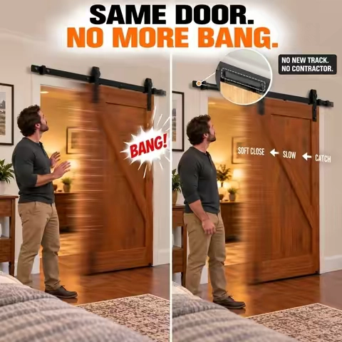I thought getting soft close meant replacing hardware or paying someone to install it. Turns out the upgrade was way smaller than I expected. Same barn door. Same track. Just a much better ending. 🚪👌 #toolupgrade #TikTokShopFallDealsForYou #tiktokshopstockup #barndoor #barndoorhardware #softclose #homeupgrade #DIYhome #homeimprovement #DIYproject #homerenovation #homeowner #tooltok