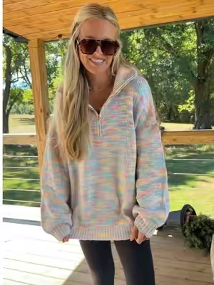 Just realized my tree fell over😜 But this quarter zip sweater situation is the cutest! Love the pretty pastel colors and it is so cozy too! #tiktokshopcreatorpicks #tiktokshopfalldealsforyou #rainbowsweater #fallsweater #falloutfitinspo 