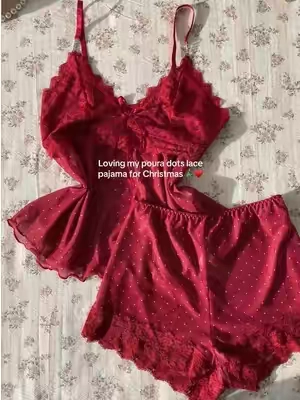 I have like 6 color of this one heheh #lacesleepwear #sleepwear #polkadot #sexyyred #twopiecesets 