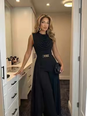 Cowl Neck Wide Leg Jumpsuit High Waist Sleeveless Chiffon Overlay Spliced Evening Overalls with Belt#dailydeals #tiktokshop #jumpsuit #OOTD #outfit 