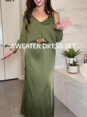 Quiet luxury at its finest 🤎 This gorgeous 2-piece sweater and satin midi skirt set is giving effortless elegance! Perfect for work, date night, or looking expensive without even trying. ✨ #QuietLuxury #SweaterSkirtSet #SatinMidiSkirt #OldMoneyStyle #2pieceset 