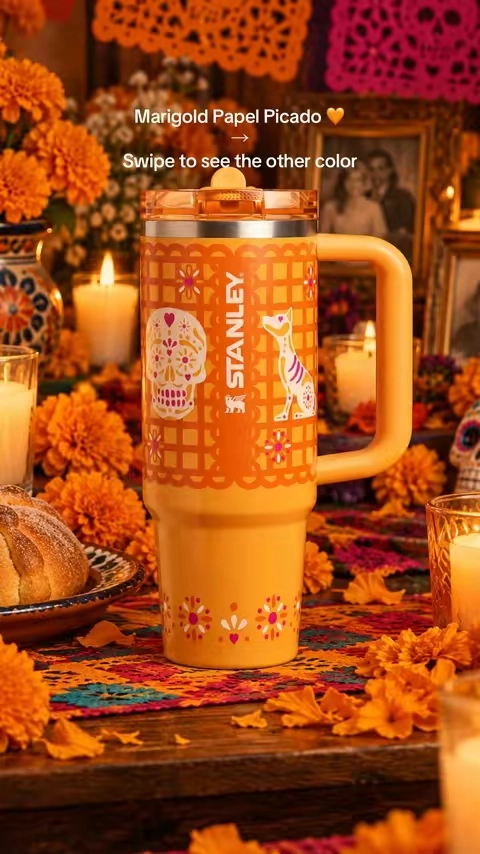 NEW DROP! Two Papel Picado colorways: Marigold 🧡 or Salt 🖤 Which one’s your favorite? #StanleyQuencher #StanleyCup #PapelPicado #StanleyTumbler #Stanley1913