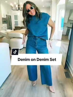 So chic 🤌🏼 In LOVE with this set! Denim on denim done correctly 👏🏼  I’m 5’2” 130 in a Small #denimoutfit #2pieceset #matchingset #denimset #chicoutfit 