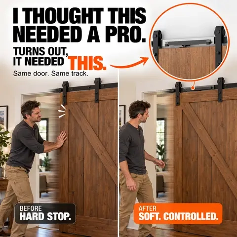 I really thought fixing that hard stop meant calling someone or changing the whole setup. 😅 Turns out the door and track were fine — they just needed one small upgrade. Same setup, soft close, and no big installation bill. #toolupgrade #TikTokShopFallDealsForYou #tiktokshopstockup #barndoor #softclose #barndoorhardware #DIYhome #homeupgrade #homeimprovement #DIYproject #homeowner #homerenovation #hardware #tooltok