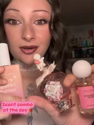 These perfumes smell so good together 😍🍓 Strawberries and cream perfume by Pacifica Strawberry perfume by flower knows Berry spoiled rotten hair perfume by Autre Soi #perfume #strawberryscent #scentcombo #perfumetok #strawberryperfume 