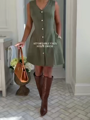 How stunning is this suede dress! I’m obsessed ✨ 💚 more color options available! ##chicovar##suededress##fallfashion##minidress##AffordableFashion