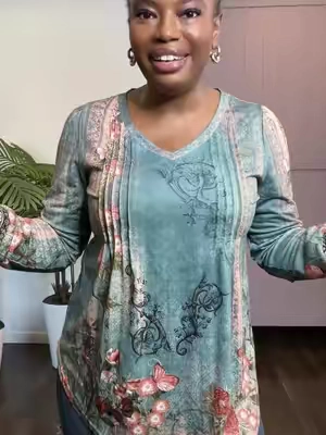 @WIHOLL WIHOLL Women's Long Sleeve Casual V-Neck Pleated Blouse with Curved Hem, Blue Printed Prints, Fall Winter Tunic Top - Note to Refer to Size Chart, Blue Floral Blouses & Shirts, Lndigo Print #sohochic #falloutfits #TikTokShopStockUp #longsleeveshirt 