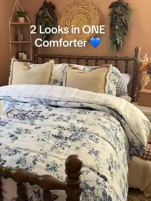 The blue cabbage rose print AND the blue stripe on the reverse?! 💙🌿 Two completely different looks in one comforter set—and that cottage floral is gorgeous #CozyBedroom #bedding #comforterset #homefinds #comforter 